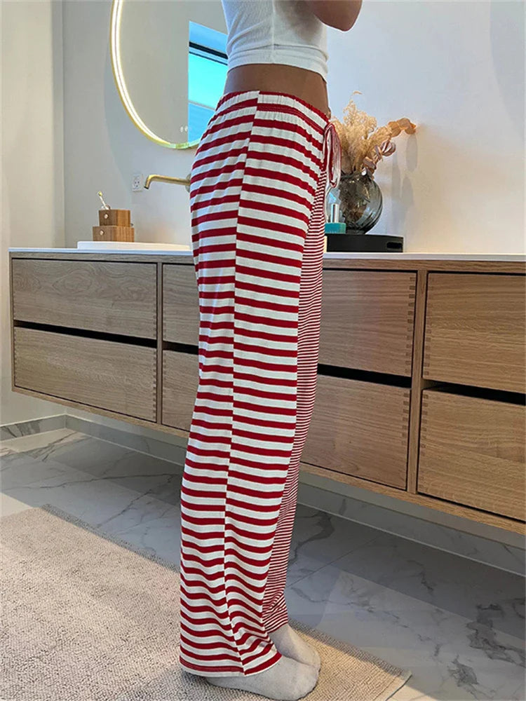 maoxiangshop - Y2K American Striped Loose Casual Pants Women Low Rise Lacing Straight Leg Pants Female Autumn Winter Street New Trousers
