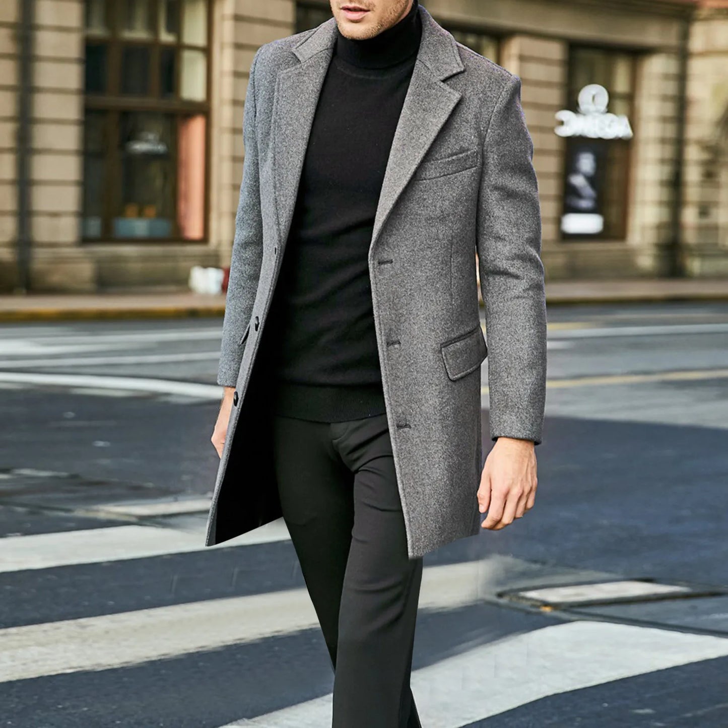 maoxiangshop Autumn Winter New Mens Woolen Coat Solid Color Long Sleeve Fashion Loose Thicken Warm Casual Men Long Overcoat Coat