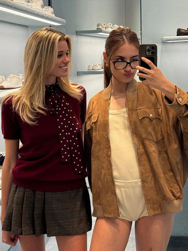 maoxiangshop - Women Patchwork Suede Jackets Long Sleeve Pocket Zipped Stand Coats 2024 Autumn Winter New Fashion Commuting Top Outerwears