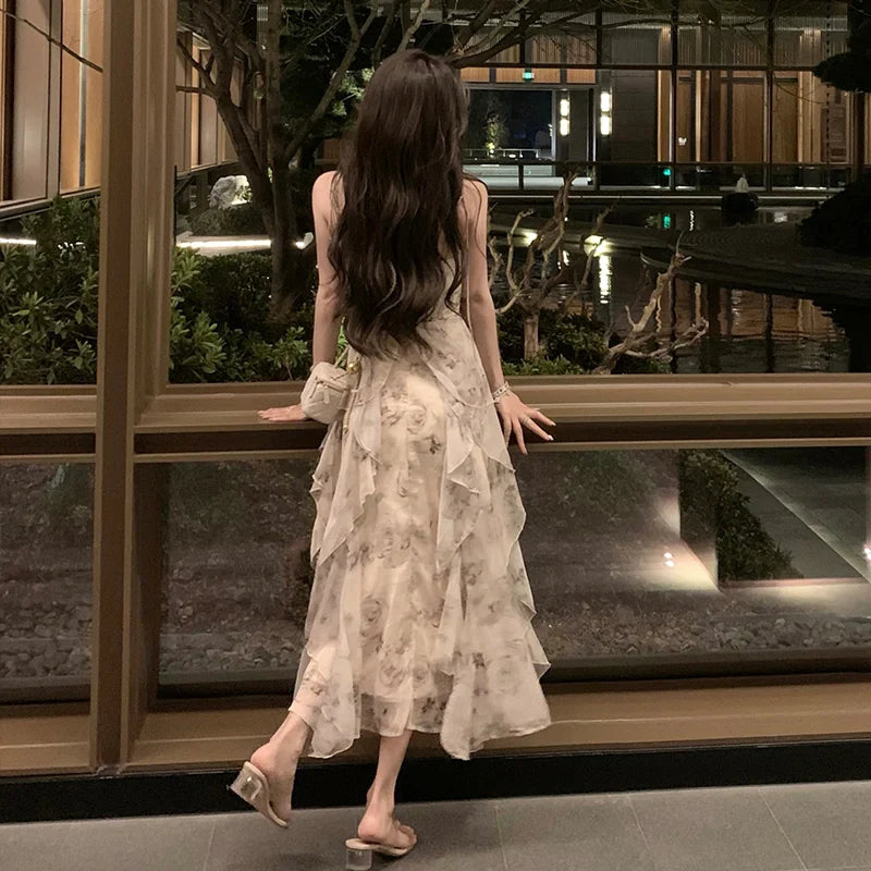 maoxiangshop Vintage Shivering Print Dress for Women Sling Sleeveless Slim Flounce Chiffon Casual Korean Long Dresses Female Clothing Summer