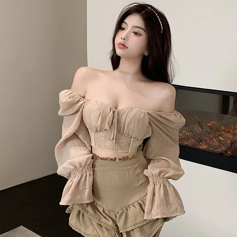 maoxiangshop Casual T Shirts Solid Color Women's Crop Top Ruffles Chiffon Blouse Autumn Outfit Long Sleeve Slim Fit