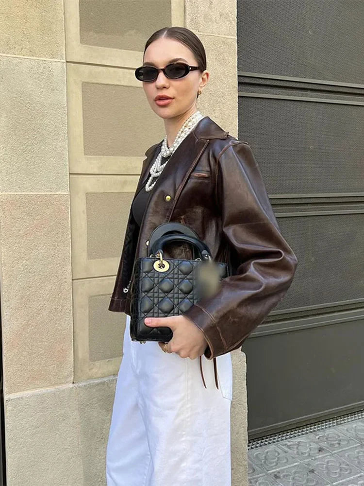 maoxiangshop - Fashion Pu Leather Brown Lapel Jacket Casual Long Sleeve Single Breasted Office Coat 2024 Autumn Chic High Street Lady Outwears