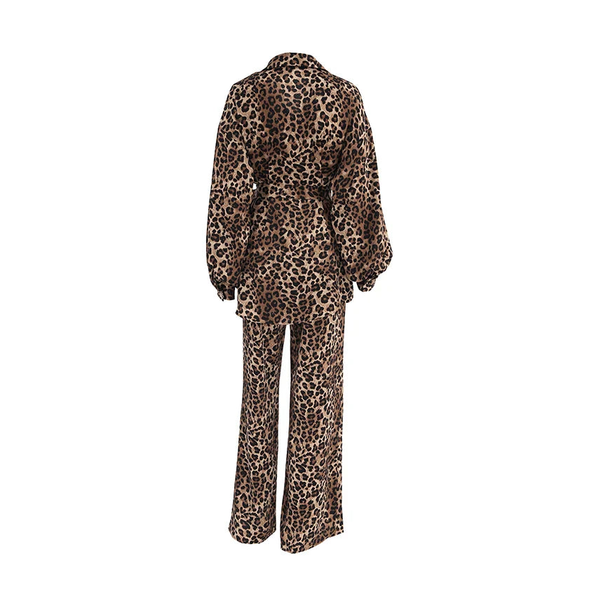 maoxiangshop - Leopard Street Pants Suits Women Oversize Printing Shirts And Wide Legs Pants Ladies Casual Sets Autumn 2024 Chic