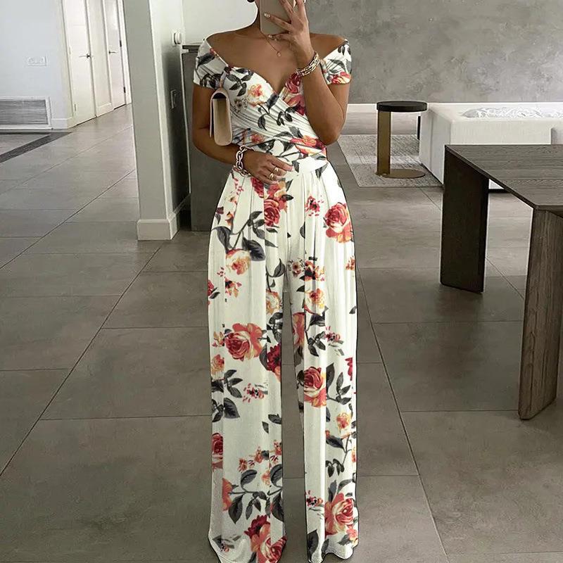 maoxiangshop Sexy Outfit Off Shoulder Print Wide Leg Jumpsuit Women Summer Casual Boho Casual High Waist Jumpsuits Clothes Overalls