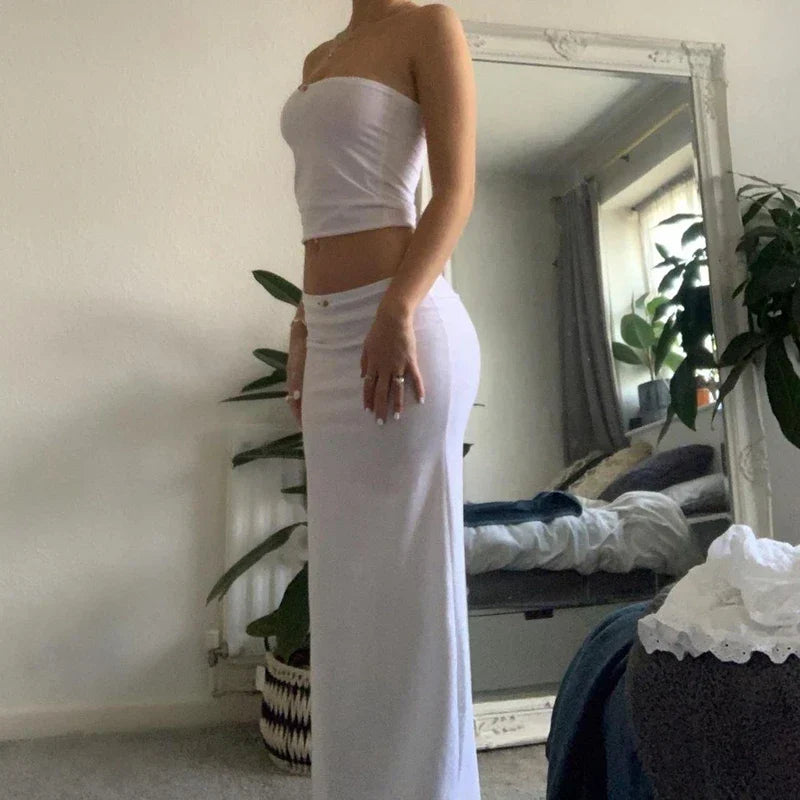maoxiangshopWomen 2 Piece Long Skirt Sets Sexy Strapless Tube Top Bodycon Maxi Skirts Y2k Two Piece Outfit Summer Clothing Beach Wear