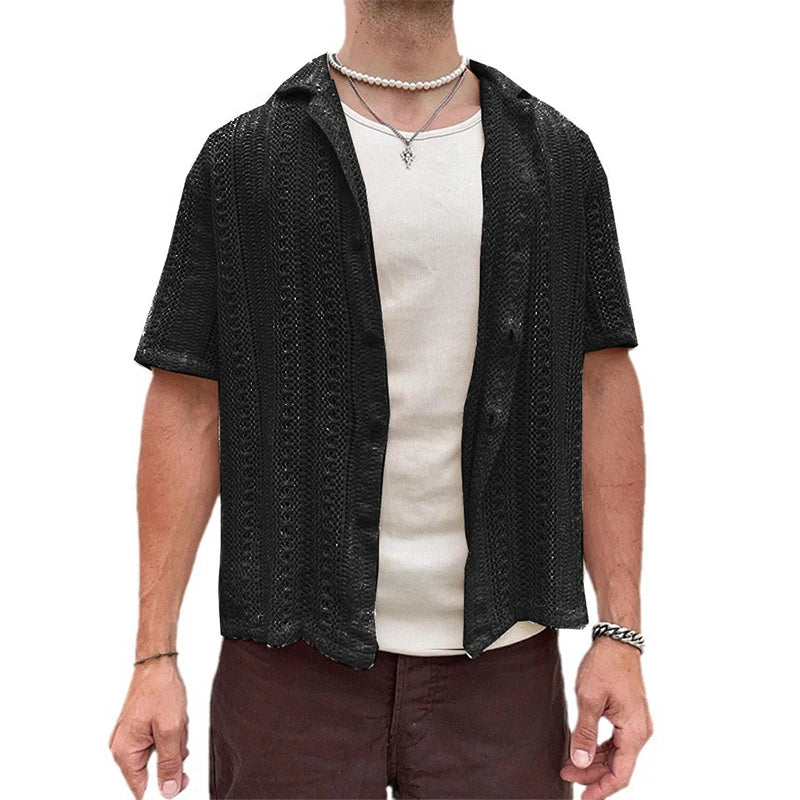 maoxiangshop Vintage Embroidery Knitting Mens Shirts Summer Beach Fashion Loose Short Sleeve Knit Tops For Men New Casual Knitted Cardigans