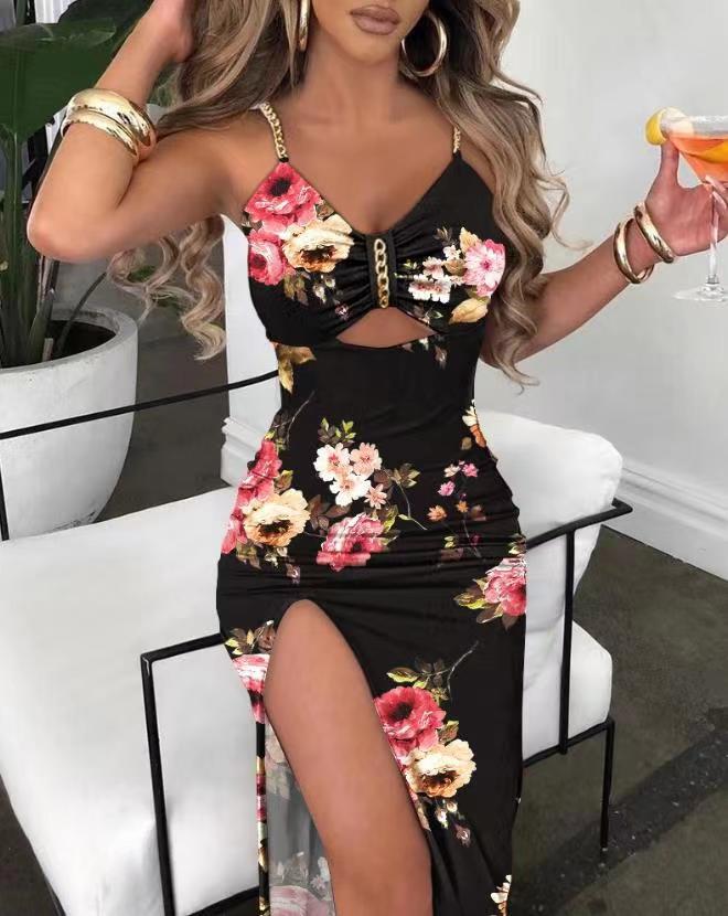 maoxiangshop Sexy Spaghetti Strap Backless Floral Midi Bodycon Dress Women Summer Black Metal Chain Party Long Dresses For Women