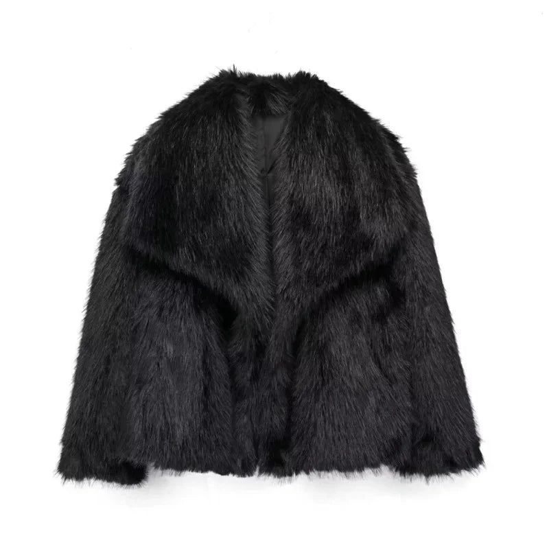 maoxiangshop - Faux Fur Cardigan Coat Women 2024 Winter Luxury Solid Long Sleeve Fashion Short Coats Lady Elegant Warm Thick Jackets Outerwear