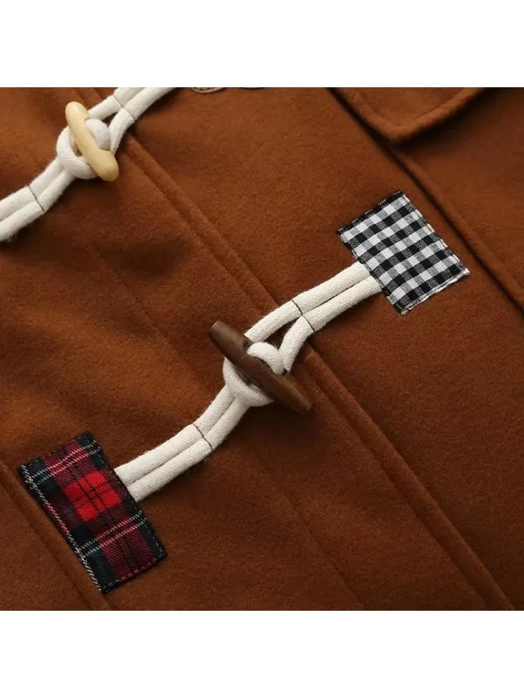Solid Horn Button Long Straight Hooded Wool Coats Women Winter Sleeve Korean Casual Ladies Warmness Vintage Outwear
