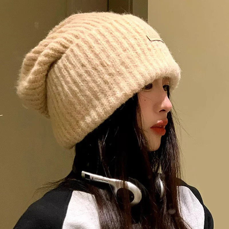 maoxiangshop - Knitted Heap Heap Beanie Hat for Women Solid Leather Label Pullover Cap Winter Thickened Warm Woolen Hats Outdoor Cycling Bonnet