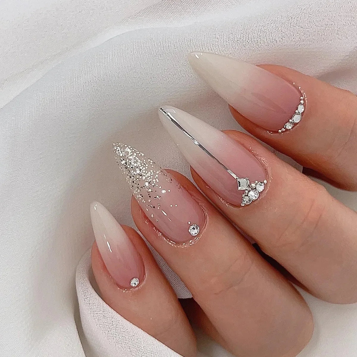 maoxiangshop 24Pcs False Nails With Glue Almond Pink Butterfly Design Detachable Rhinestones Acrylic Fake Nails long stiletto Press On Nails