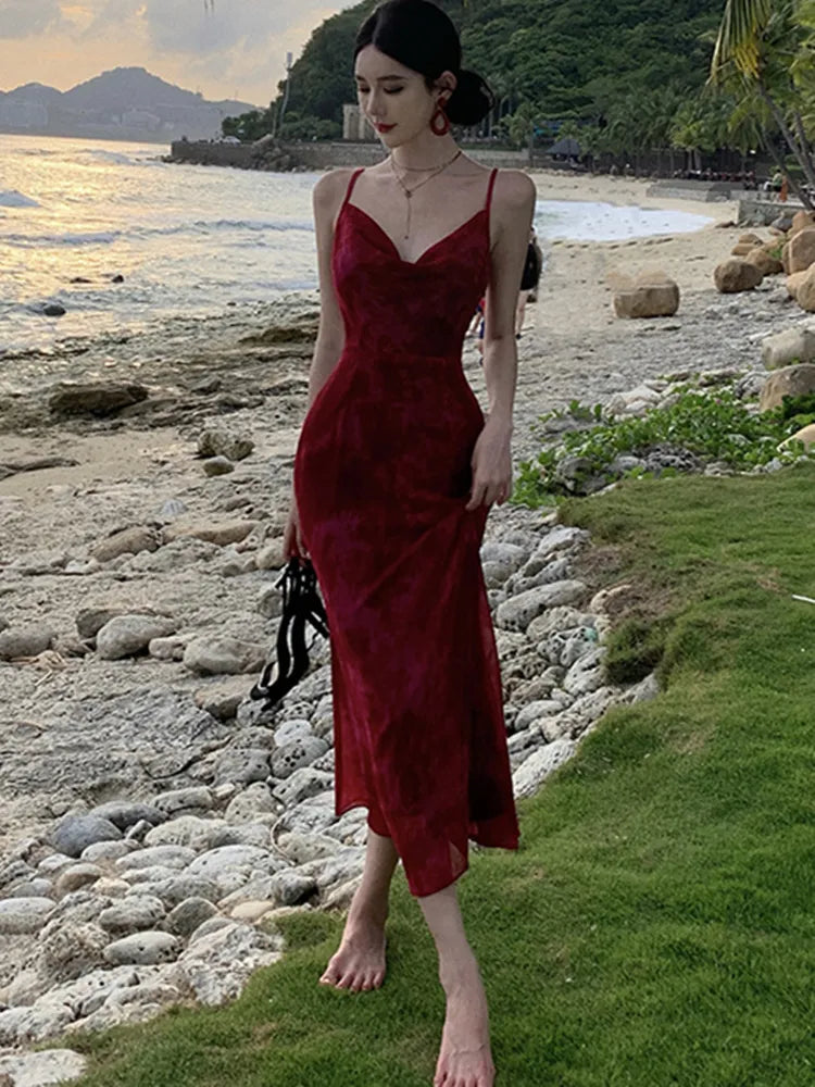 Women Summer New Elegent Sleeveless Red Spaghetti Strap Dress Female Fashion Party One Piece Vestidos Backless Clothes