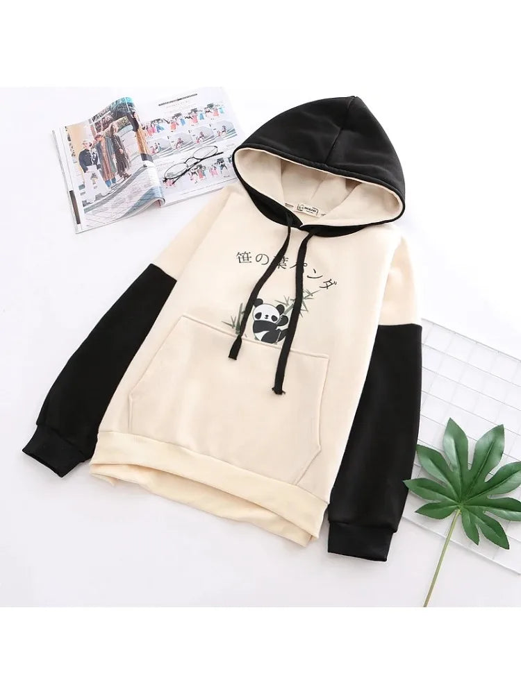maoxiangshop Panda Print Kawai Cute Women Hoodies Drawstring Cotton Hooded Sweatshirt Winter Sweet Style Long Sleeve Korean Ladies Tops