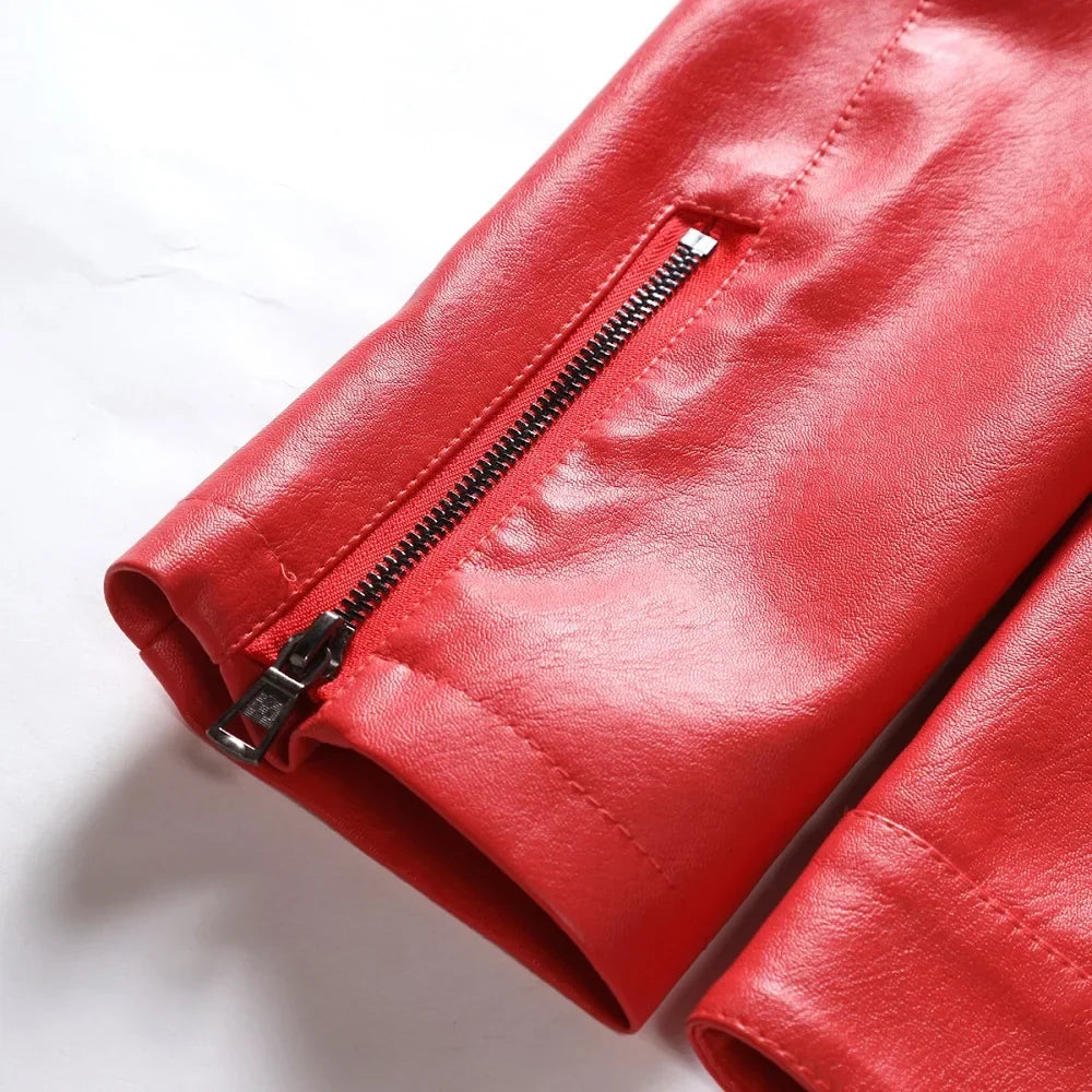 maoxiangshop Men Quality Casual PU Leather Coat Red Slim Rider Style Leather Jacket Popular Young Leather Jackets