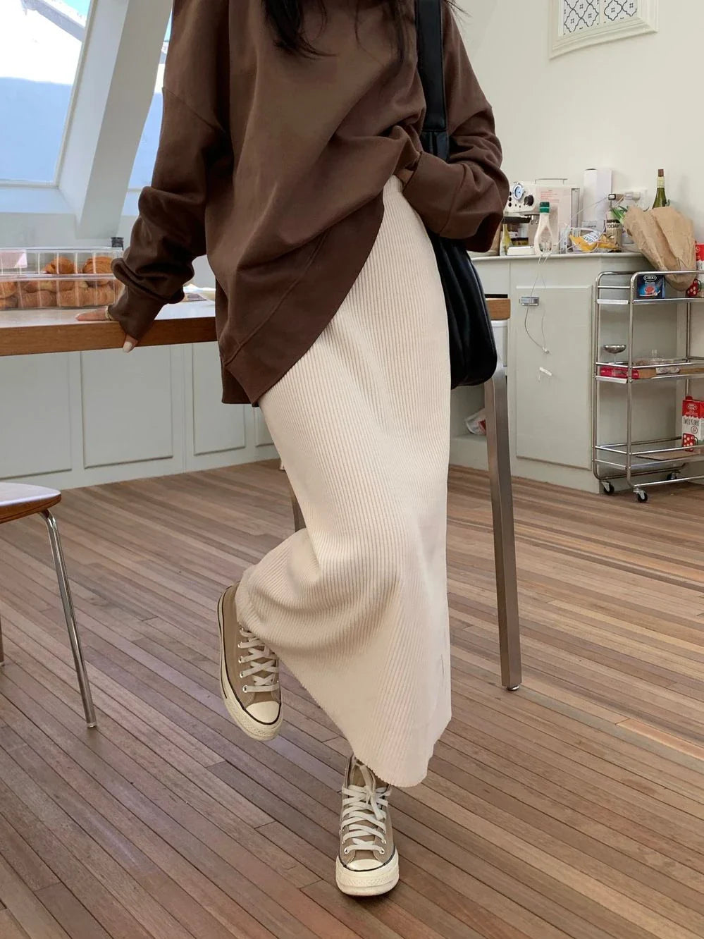 maoxiangshop Corduroy Midi Skirts Women Casual Solid Elegant Harajuku Lovely Females College Warm A-line Elastic High Waist Korean Fashion