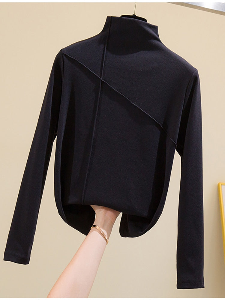 maoxiangshop Long Sleeve Thick T Shirt Women Winter Tops Turtleneck Warm T-Shirt Korean Cotton Tshirt Woman Tee Shirt Femme Pink Blue