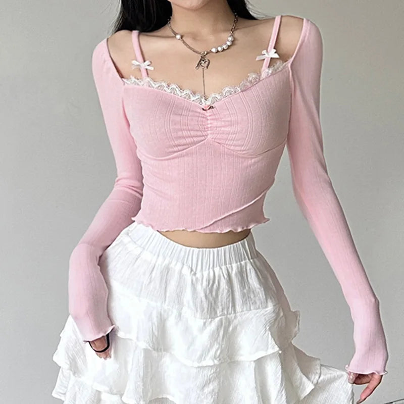 maoxiangshop-Sweet Lace Stitching V-neck Skinny Top Pink Coquette Aesthetic Slim-fit Long Sleeve Knitted T-shirts Cute Casual Tees