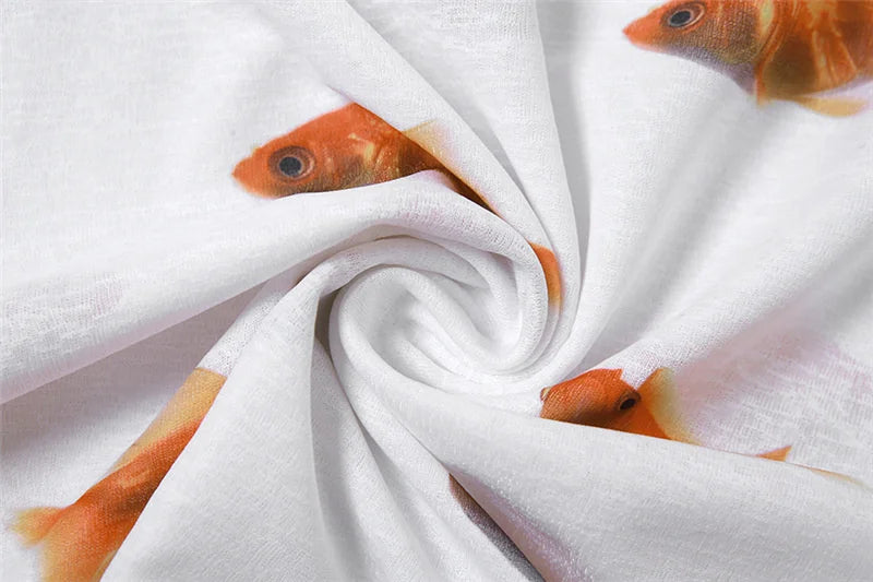 maoxiangshop - Goldfish 3D Print Sheer Mini Dress Women Off Shoulder Flare Long Sleeve Slim Y2K Short Dress Hottie Autumn Streetwear