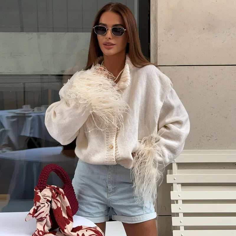 maoxiangshop - Knitted Feather Patchwork Cardigan For Women O-neck Long Sleeve Single Breasted Sweater Coats 2024 Autumn Lady Elegant Outweares