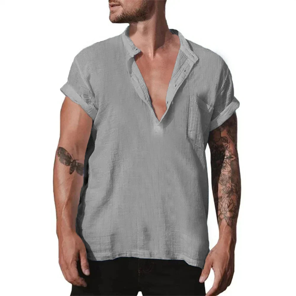 maoxiangshop Summer Cotton Linen Casual Shirt for Men Loose Casual Breathable Men's Lightweight Large Shirt Large Size Oversized T Shirt