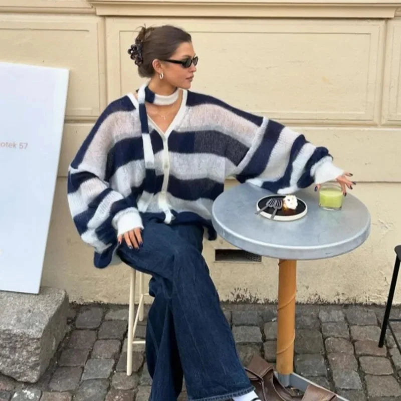 maoxiangshop - Striped Knit Sweater Cardigan With Scarf Women Casual V Neck Lantern Sleeve Coat 2024 Autumn Chic Contrast Lady Fashion Knitwear