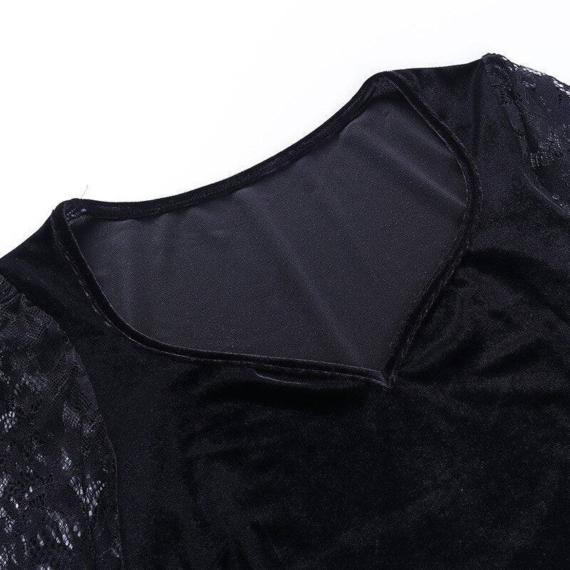 maoxiangshop 90s Vintage Velvet Black Crop Top Elegant Lady Lace Flare Sleeve V Neck T-shirt Harajuku Grunge Retro Tees Women Gothic Clothes