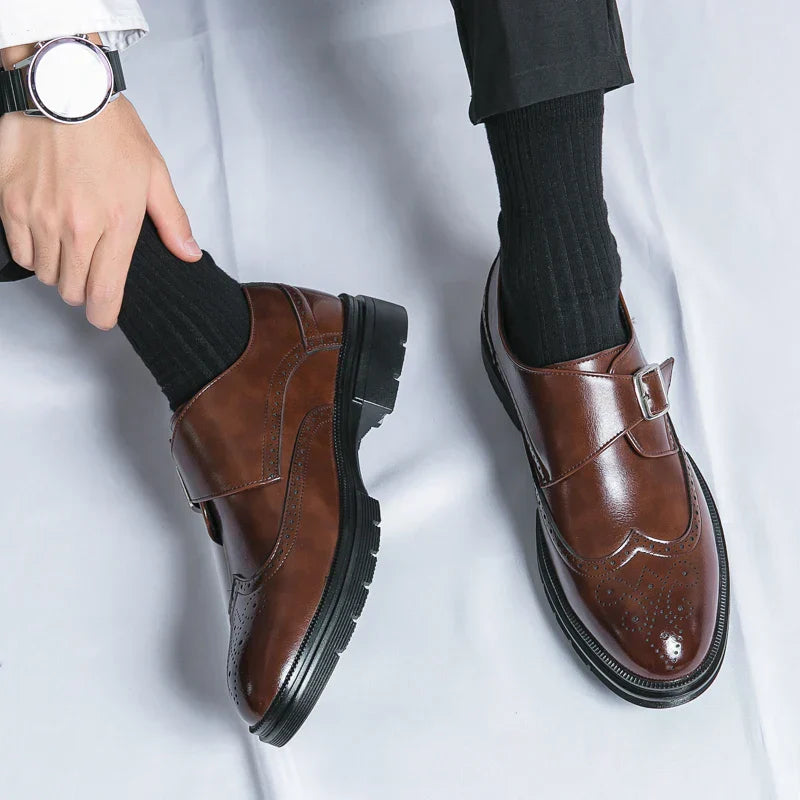 maoxiangshop Spring New Vintage Design Oxford Shoes Thick Soled Increase Dress Leather Office Casual Shoes Men Carved Handmade Business Shoe