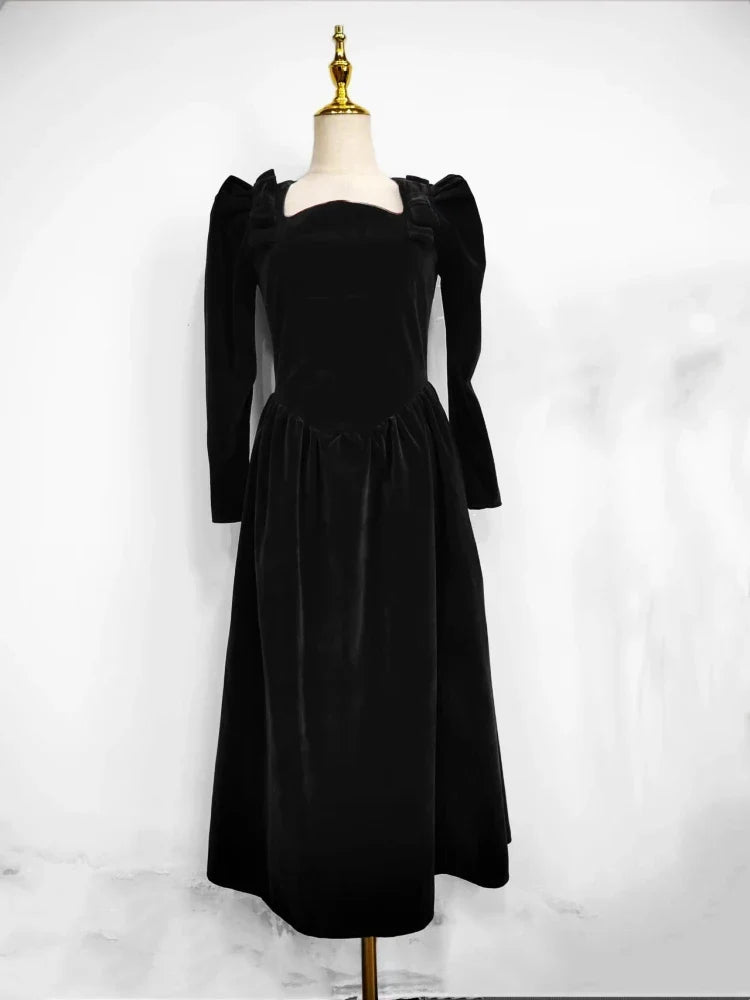 French Vintage Christmas Red Velvet Dress Square Collar Evening Party Prom Vestidos Women Elegant Autumn Winter Clothes