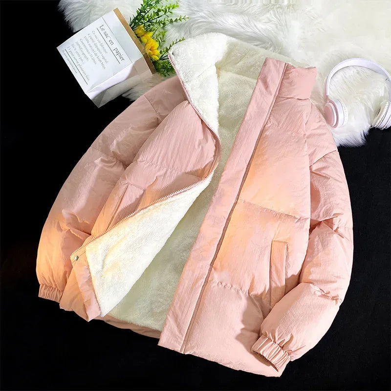 maoxiangshop WINTER OUTFITS Green Puffer Jacket Men Style Winter Lamb Wool Stand Up Collar Casual Jackets Men Thick Warm Coats Streetwear Solid Color Jacket