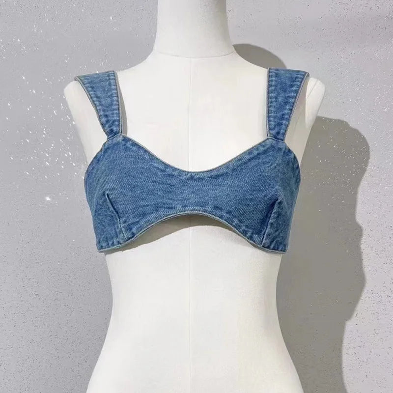 2024 Summer New Special Sexy Denim Tops Vest Strapless Shirts Cute Dress Up Versatile Super Short Jean Tops