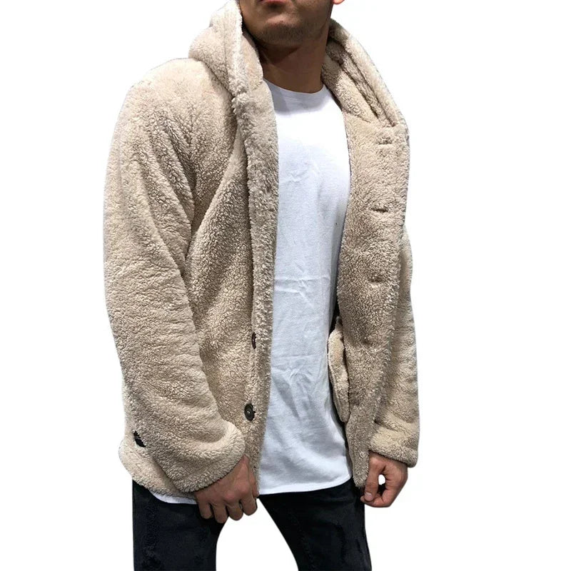 maoxiangshop Men's Teddy Bear Fleece Coat Cardigan Winter Warm Hooded Coat Fashion Solid Color Long Sleeve Pocket Button Hooded Warm Coat