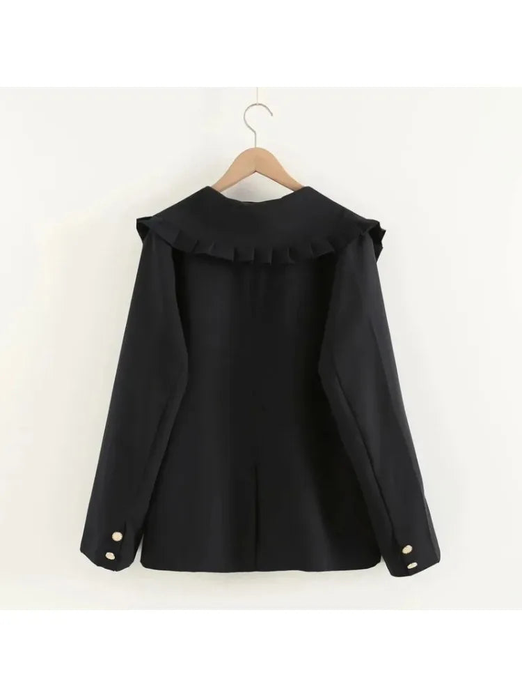 Black Solid Women Jacket For Cartoon Appliques Winter Single Breasted Long Sleeve Ruffled Neck Casual Outwears Coat