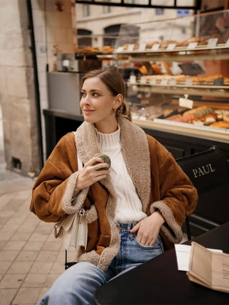 Vintage Single-breasted Faux Lamb Wool Jackets Women Autumn Winter Retro Casual Contrast Color Loose Suede Jacket Streetwea