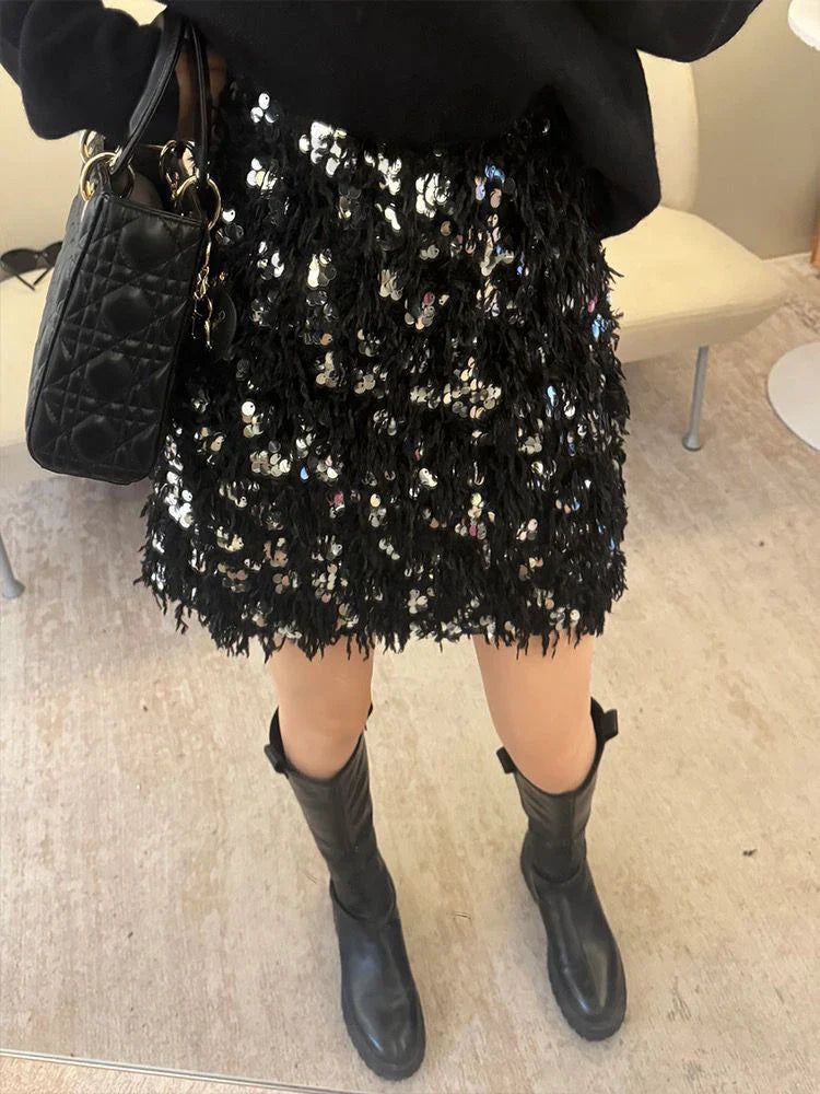 maoxiangshop - Women's Y2K Shiny Sequined Skirt Autumn Feather Casual Elastic Short Mini A-line Skirts For Club Streetwear