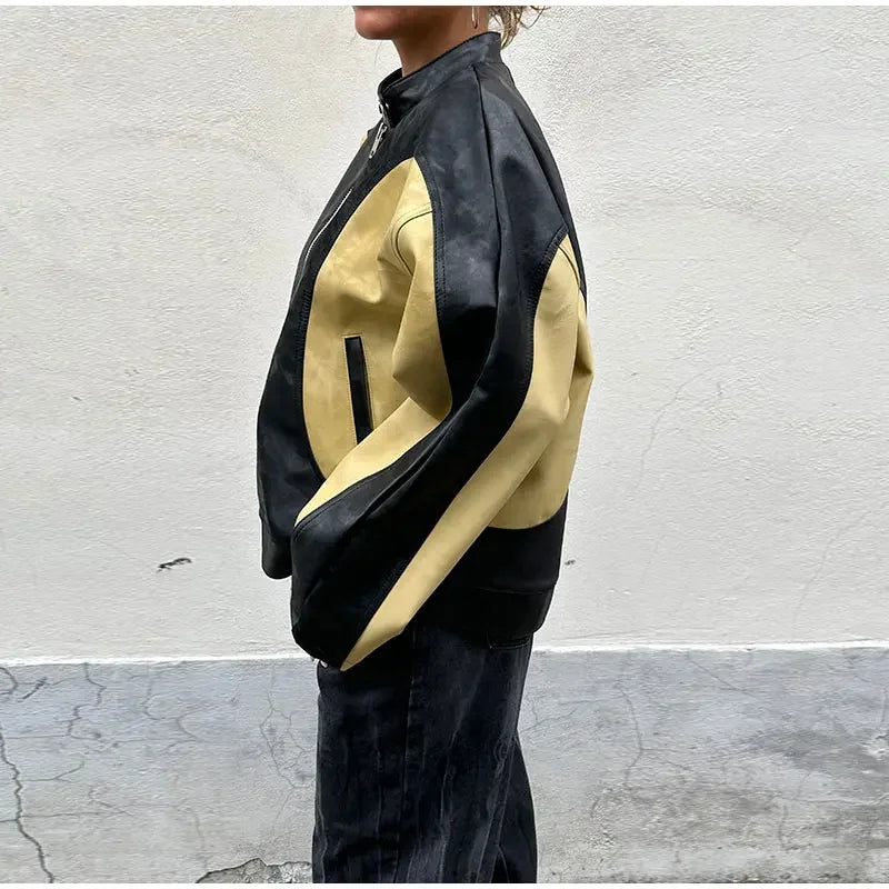 maoxiangshop - Leather Bomber Jackets Women O-neck Long Sleeve Zipper Contrast Locomotive Coat 2024 Autumn Lady New Vintage Outwear