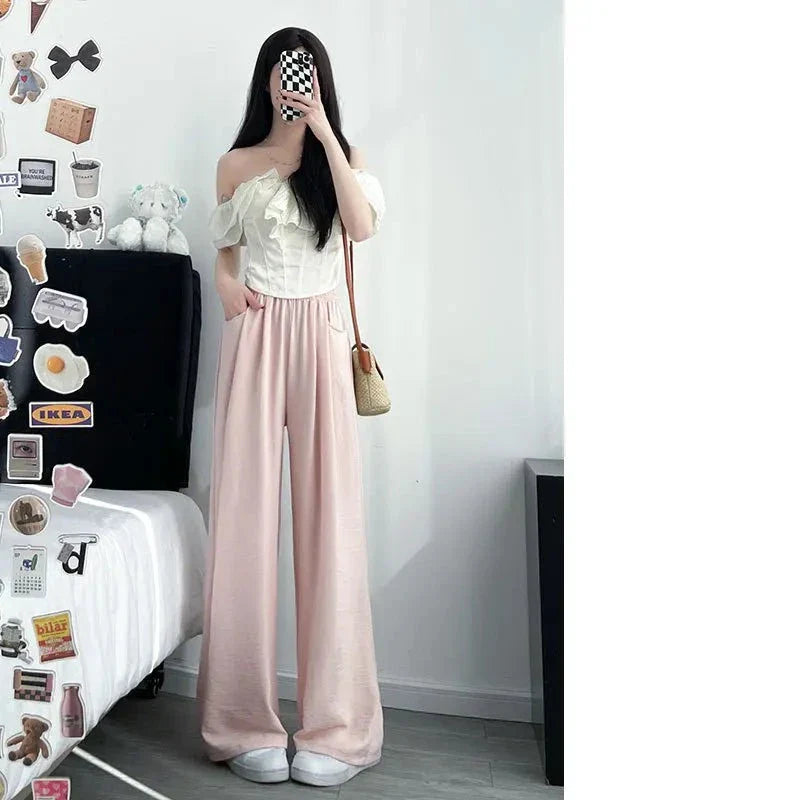 maoxiangshop 2024 Summer New Ice Silk Wide Leg Pants Women Thin Loose Ladies Casual Pants Slimming Y2K Women with Pockets Mop Pants Slim Body