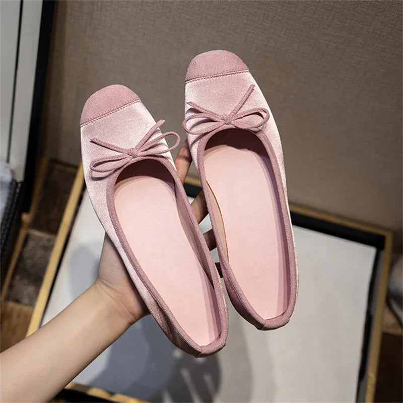 maoxiangshop - Breathable Silk Ballerinas Ballet Flats Women Summer Autumn Slip on Loafers Square Toe Bowknot Flat Casual Shoes