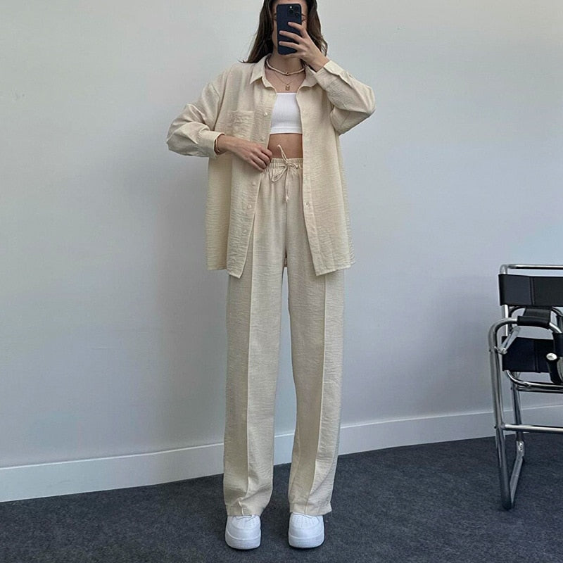 maoxiangshop New Womans Suit Autumn Sleepwear Two-piece Women's Homewear Long Sleeve Cropped Button Shirt + Wide Leg Pants Suit Ladies