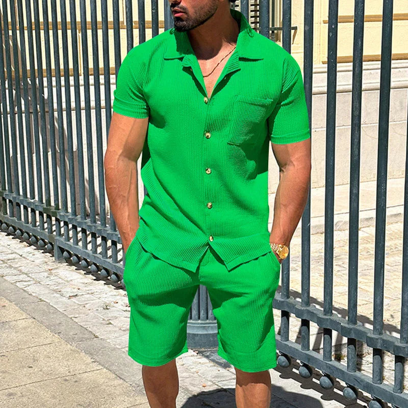 maoxiangshop Solid Color Texture Shirts And Shorts Mens Two Piece Sets Summer Casual Short Sleeve Buttoned Lapel Shirt Outfits Men Streetwear