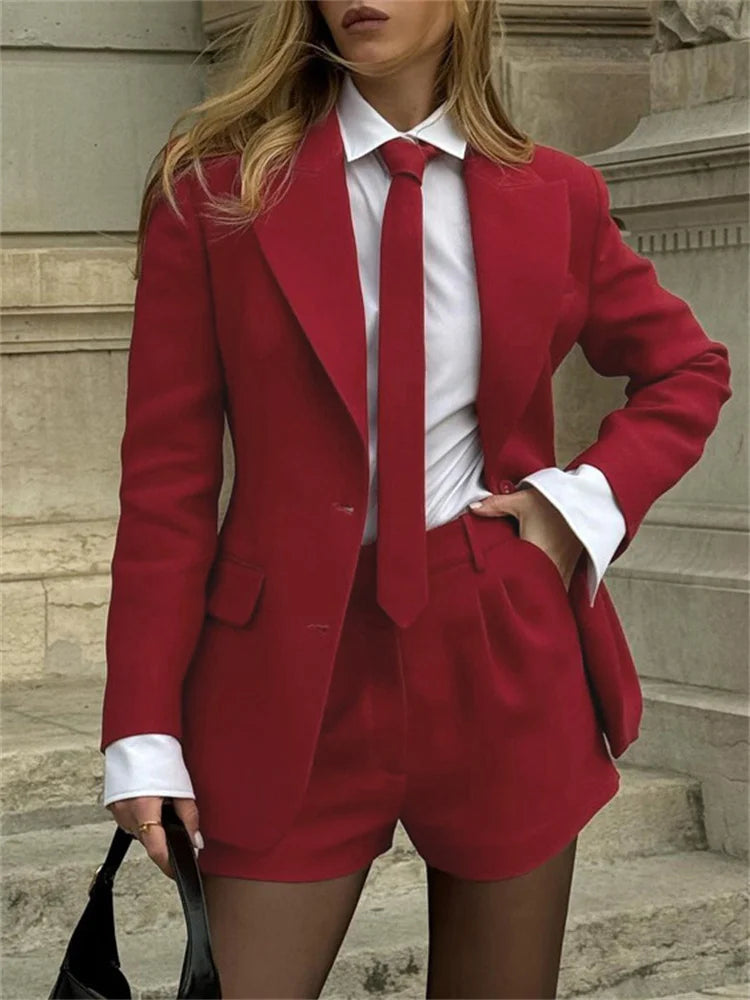 maoxiangshop - Female 2 Piece-Set Elegant Neckties Suit Pocket Outwear And High Waist Shorts Sets Commute Clothes Women's Outfits Autumn
