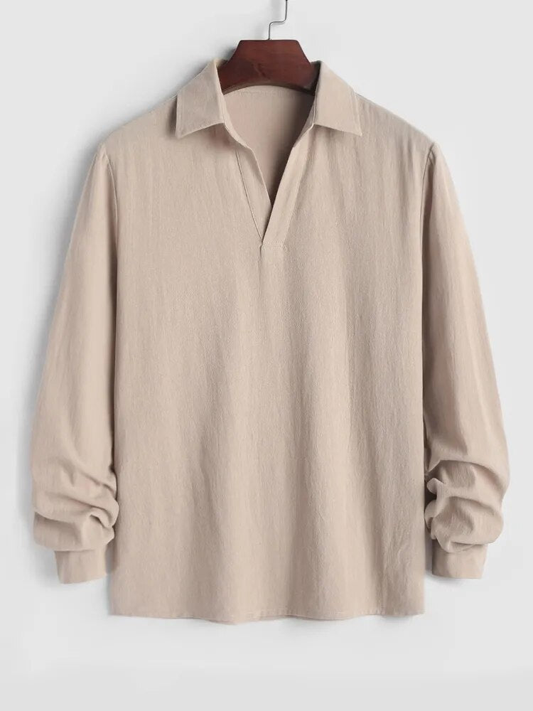 maoxiangshop Long Sleeve Men's Shirts Solid Color Linen Textured Turn Down Collar Pullover Shirt Casual Streetwear Tops