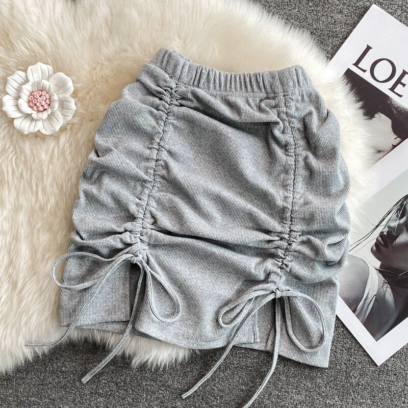maoxiangshop Draw String Cotton Mini Skirt Girls Summer Elastic Waist Grey Black Split Folds Skirts Women Sexy Bottoms