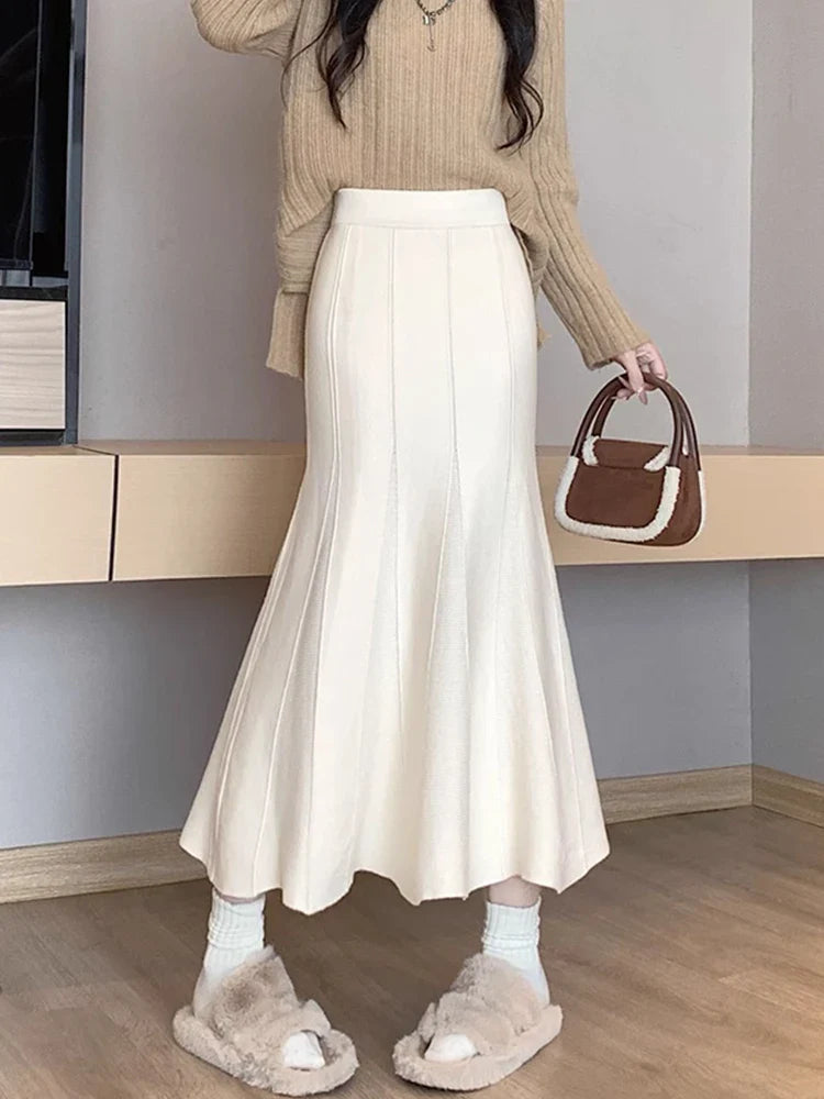 maoxiangshop Knitted Long Skirt for Women Fashion Korean Autumn Winter Ankle-Length Casual Slim Midi Skirt Solid Elegant Women's Skirts