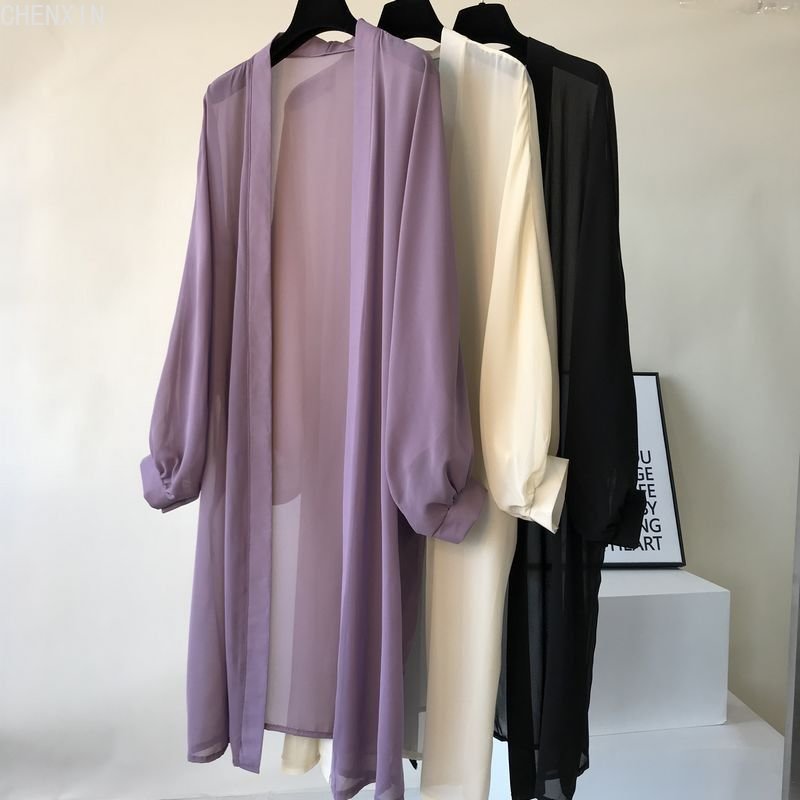 maoxiangshop long Jacket Women Summer Thin Loose See-through Sunscreen Pure Long Sleeve Sexy Coat Chiffon Bohemian Female New Fashion Tops