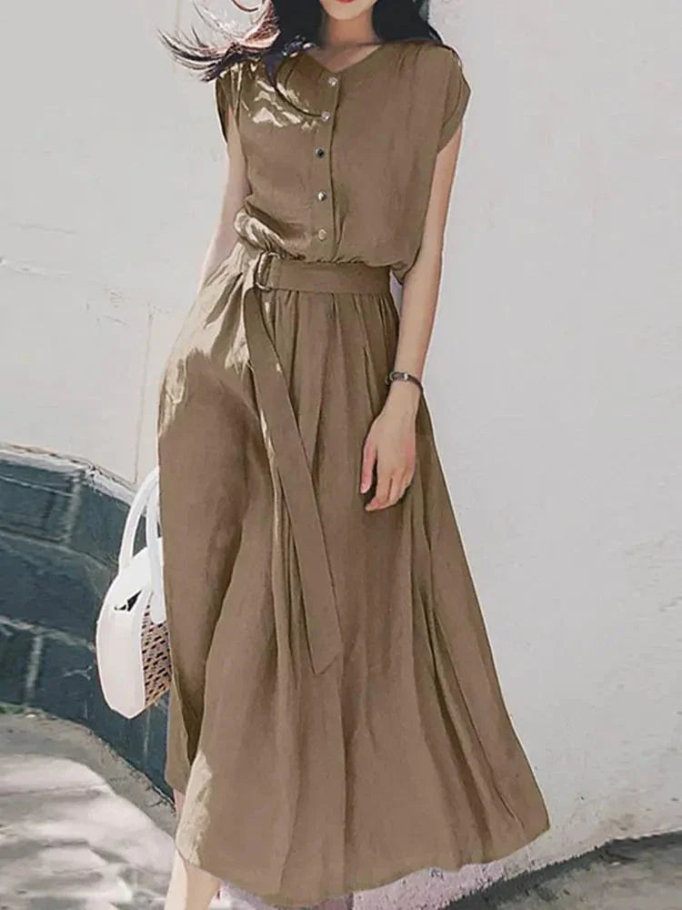 maoxiangshop Women Fashion Solid Holiday Sundress Summer Elegant Short Sleeve Party Midi Dress With Belted Casual OL Work Vestido Robe