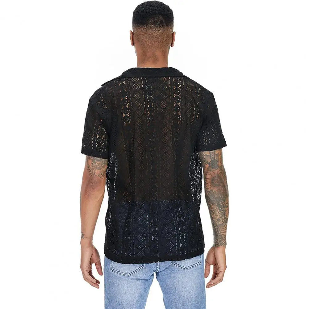 maoxiangshop Stylish Men T-shirt Mid-length Solid Color Soft Breathable See-through Men Shirt Men Shirt Daily Wear