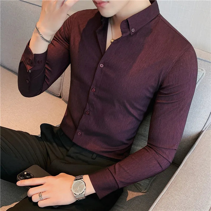 maoxiangshop British Style Men Long Sleeved Shirt Autumn Anti-wrinkle Soft Solid Casual Elastic Slim Fit Camisas Y Blusas Men Clothing
