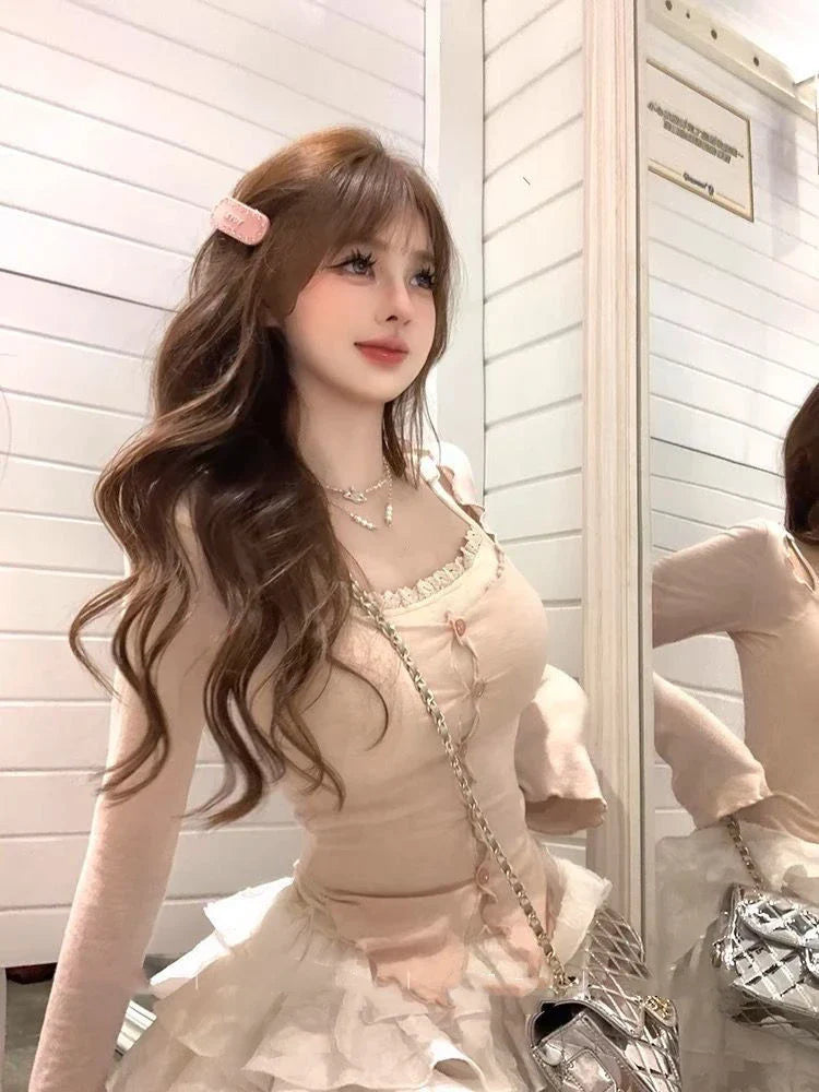 maoxiangshop - 2024 Japanese Style Kawaii 3 Piece Set Women Casual Y2k Crop Top Pink Thin Cardigan Sweet Mini Cake Skirt Cute Fashion Suits