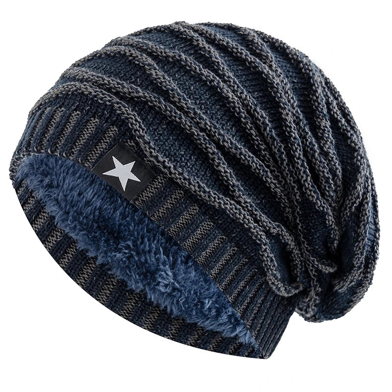 maoxiangshop New Unisex Slouchy Winter Hats Add Fur Lined Men And Women Warm Beanie Cap Casual Five-pointed Star Decor Winter Knitted Hats
