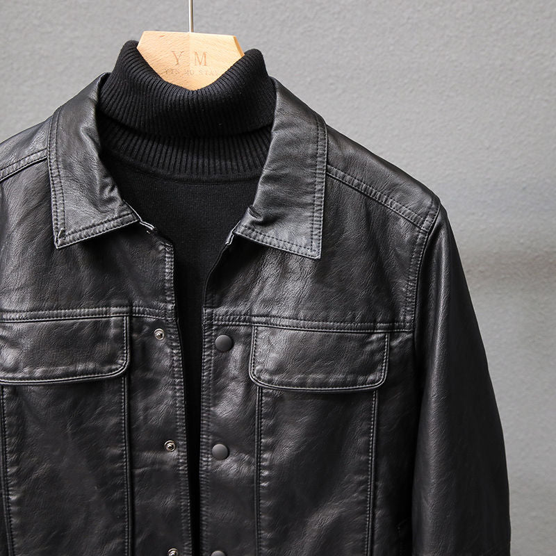maoxiangshop Autumn New Korean Fashion Men's Slim Leather Jacket Retro Style Casual Lapel Black Biker Jacket Male Brand Clothes
